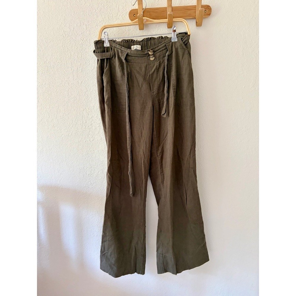 Mason & Belle Womens M Linen Blend Wide Leg Belted Pants Olive Green Paperbag